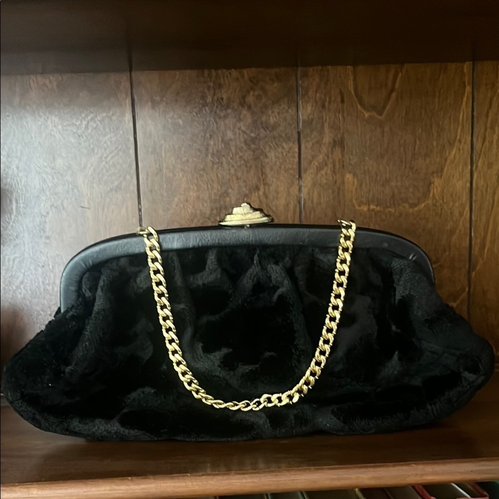 Vintage Black Burnout Velvet Clutch with Gold Shell Clasp and Chain